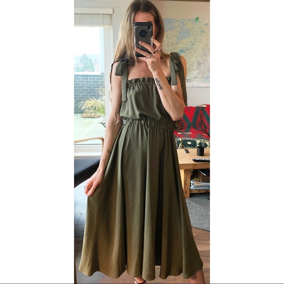 Handmade Custom Rust Clay Olive Green and Red Midi Tie Strap Rayon Ruffle Dress - Picture 7 of 16